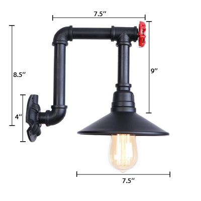 Retro Style Water Pipe Lighting Fixture with Flared Shade Iron 1 Light Wall Lamp in Black