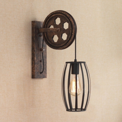 Industrial Retro Wall Sconce Lamp Adjustable Fixture With Wheel Shape Arm Cage 