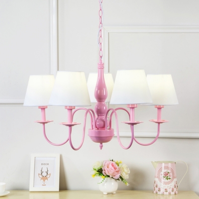 White Fabric Shade Cone Chandelier Macaron 5 Lights Suspension Light for Girls Bedroom