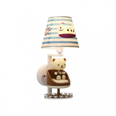 White Finish Strips Design Table Lamp with Cute Bear Fabric Shade 1 Head Standing Table Light for Kids