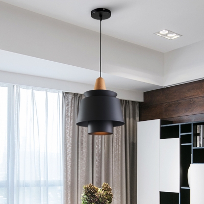 Wood Cone Suspended Lamp Natural Contemporary Hanging Lighting in Black for Corridor