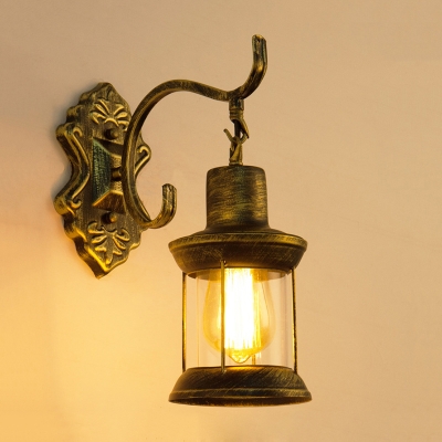 1 Head Caged Wall Mount Fixture Retro Style Metal Wall Sconce in Antique Brass for Corridor