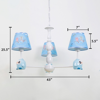 3/5 Lights Tapered Chandelier with Cartoon Owl Nursing Room Suspension Light in White with Fabric Shade