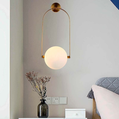Arched Wall Lighting Minimalist White Glass Single Light Wall Mount Fixture in Brass for Bedside