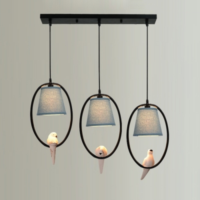 Black Finish Tapered Suspended Light with Bird Fabric Shade Triple Lights Pendant Light for Restaurant