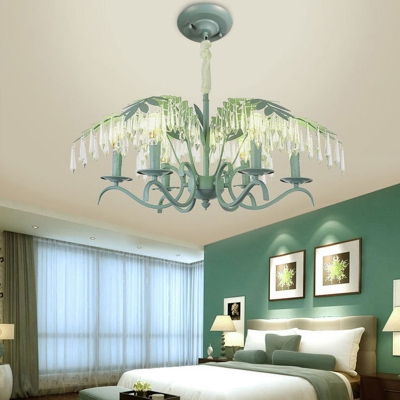 Candle Chandelier with Leaf Decoration Luxurious Crystal 6/8 Lights Hanging Light in Green