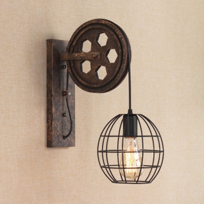 Globe Metal Cage Wall Light with Wheel Decoration Vintage 1 Bulb Wall Mount Light in Black for Bar