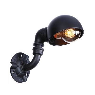 Industrial Curved Arm Wall Lamp with Dome Shade Iron Single Head Wall Mount Fixture in Black