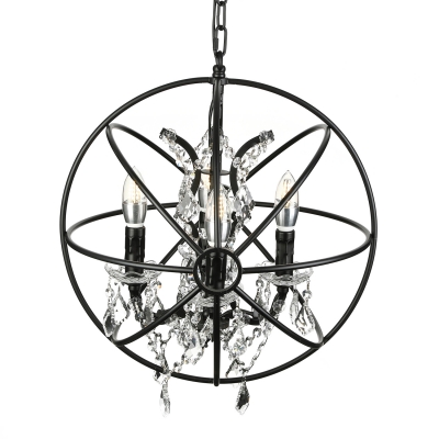 Industrial LED Orb Chandelier with Shining Crystals in Wrought Iron Style, 17'' Wide, Four Light