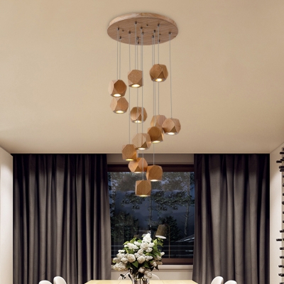 Multi Light Geometric Suspension Light Nordic Style Wood Lighting Fixture for Bedroom