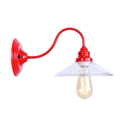 Red Finish Curved Arm Sconce Light Industrial Clear Glass 1 Light Wall Mount Light for Coffee Shop