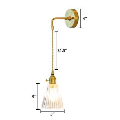 Ribbed Hanging Wall Sconce Industrial Height Adjustable Glass Shade Single Head Wall Light in Cast Brass