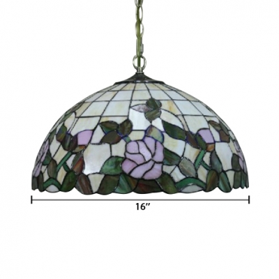 Tiffany Hanging Pendant 2 Light and Floral Glass Shade in Dome Shaped, Vintage Art, 16