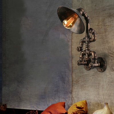 Unique Decorative Pipe Sconces Industrial Mottled Bronze Wall Light with Saucer Shade