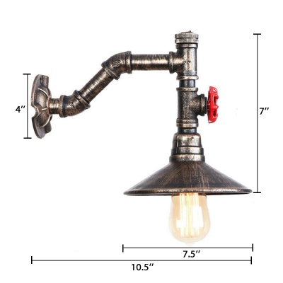 Water Pipe Wall Mount Light with Flared Shade Industrial Iron Single Head Wall Sconce in Aged Bronze