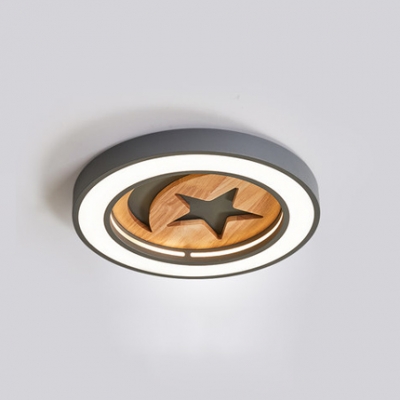Wood Circular Ring Flushmount with Moon and Star Baby Kids Room LED Ceiling Light in Gray/Green/White