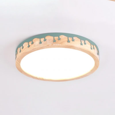 Wooden LED Lighting Fixture with Circular Shade Green/Pink/White/Yellow Flush Mount for Sitting Room
