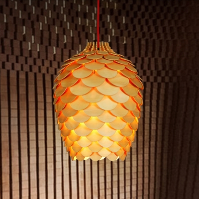 Woody Pine Cone Shade Ceiling Light Lodge Art Deco Lighting Fixture in Natural Wood Finish