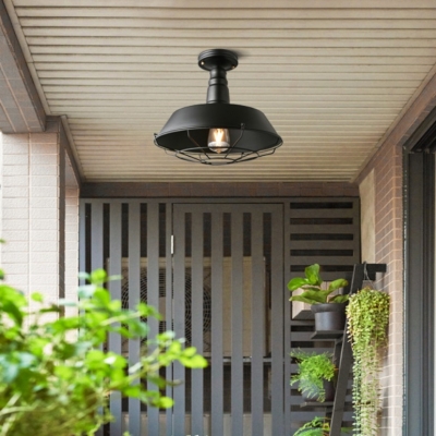 Wrought Iron Wire Cage Semi Flush Mount Light in Black for Kitchen Island Farmhouse Loft