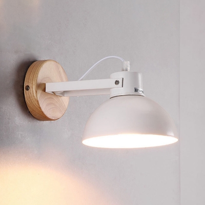 1 Light Dome Wall Mount Light with Wooden Round Base Simplicity Wall Light in White for Bedroom