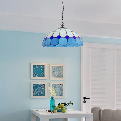 16-Inch Wide Ceiling Fixture in Mediterranean Style with Tiffany Dome Glass Shade in White & Blue