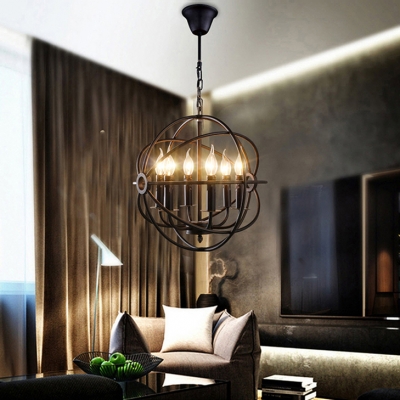 6 Light LED Orb Chandelier in Wrought Iron Industrial Style Restaurant Kitchen Globe Pendant Light in Black