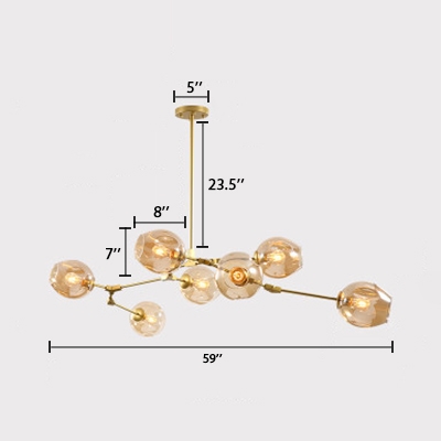 7 Light Branching Chandelier Designers Style Cognac Glass Ceiling Lamp in Gold for Studio