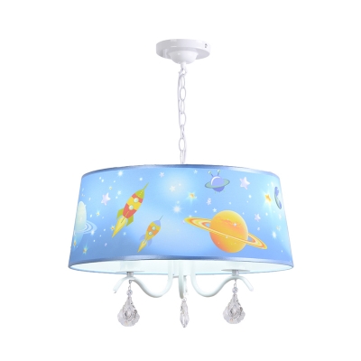 Drum 3/5 Lights Chandelier with Crystal Astronomy&Space White Finish Metal Hanging Lamp for Boys Girls Room