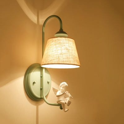 Green Finish Cone Sconce Lighting with Angel Decoration Rustic Style 1 Bulb Wall Light with Fabric Shade