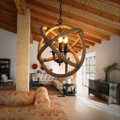 Industrial 6 Light Orb Chandelier with Hemp Rope for Front Door Farmhouse Kitchen