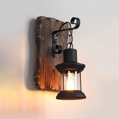 Lantern Wall Light Fixture with Rectangle Wooden Base Loft Style Single Light Sconce Light in Black