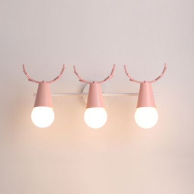 Metal Linear Wall Lighting with Antler Decoration Macaron Colorful Foyer Corridor Triple Head Sconce Light