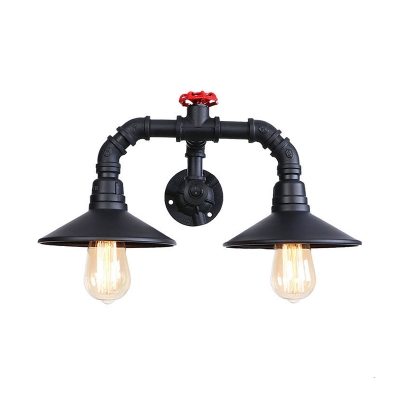 Retro Curved Arm Lighting Fixture with Flared Shade Iron 2 Heads Wall Mount Light in Black