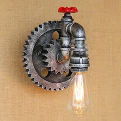 Retro Style Water Pipe Wall Sconce with Gear Decoration Metallic 1 Head Wall Light in Antique Silver
