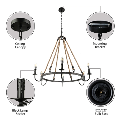 Rust 6 Light Candle Style LED Chandelier 31.5 Inches Wide Industrial Style Ring Chandelier for Living Room Restaurant