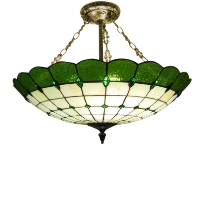 Stained Glass 20 Inch Width Tiffany Four-light Pendant Light with Circular Grid Inverted Shade