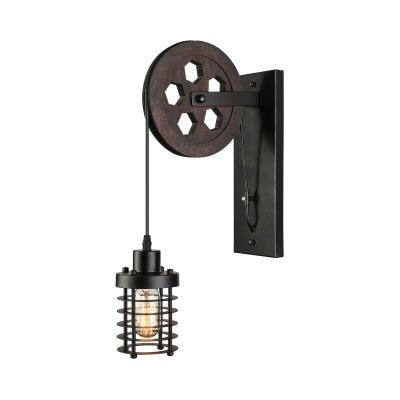 Vintage Wall Lamp with Wheel Arm and Cylinder Shade, Black