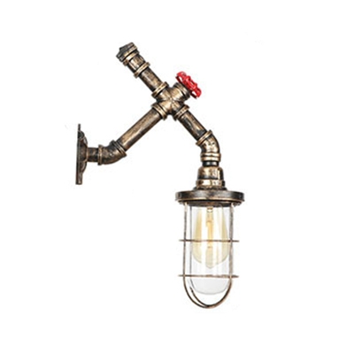 Water Pipe Wall Light with Metal Cage Industrial 1 Light Sconce Light in Antique Bronze