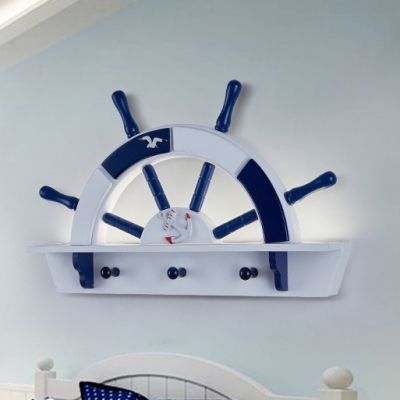 Wood Wall Mount Light with Round Rudder Dark Blue LED Lighting Fixture for Nursing Room