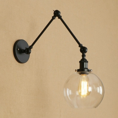 Black Finish Orb Wall Lighting with Adjustable Arm Industrial Clear Glass Single Light Wall Lamp