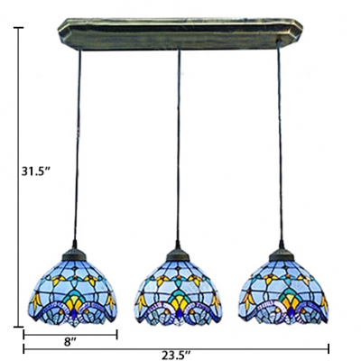 Blue Stained Glass Bronze Long Base Tiffany 3-light Hanging Pendant