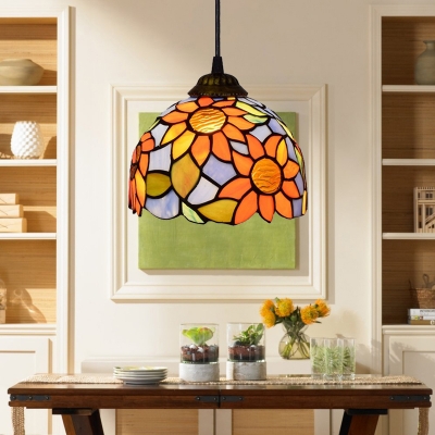 Sunflower Pendant Light with Dome Glass Shade, Tiffany Style, 6/8-Inch, Multicolored
