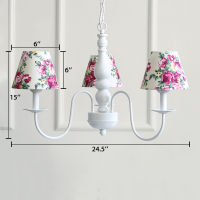 White Finish Cone Hanging Lamp Retro Style Fabric Shade 3 Lights Decorative Chandelier Light