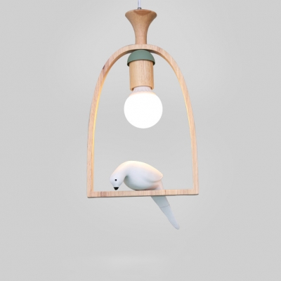 Wooden Arch Shelf Pendant Light with Pigeon Bedroom Single Head LED Suspended Light in Gray/Green