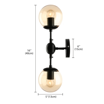 2 Lights Orb Wall Light Modernism Simple Amber Glass Decorative Wall Sconce in Satin Black for Hallway