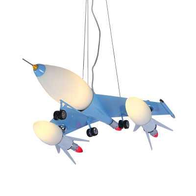 6 Lights Airplane Chandelier Lighting Amusement Park Glass Shade Hanging Lamp in Sky Blue