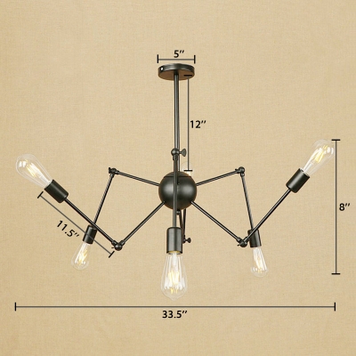 Adjustable Arm Chandelier Industrial Metal 6 Lights Hanging Lamp in Black for Sitting Room