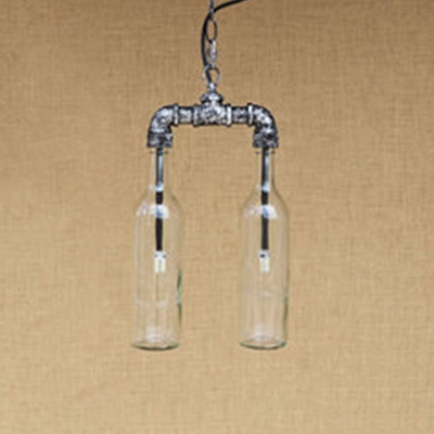 Antique Silver Pipe Hanging Lamp with Bottle Glass Shade Retro Style 2 Lights Chandelier