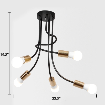 Black Curved Arm Semi Flush Mount Industrial Modern Metal 5 Bulbs Ceiling Lamp for Sitting Room