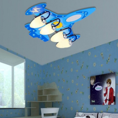 Blue Aircraft Semi Flush Mount Light Glass Shade 4 Heads Lighting Fixture for Nursing Room